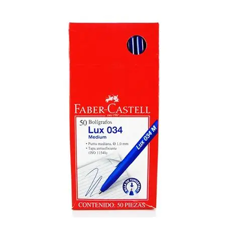 Bolígrafos Faber-Castell Lux 034 Medium, Punta de 1.0 mm, Caja de 50 Unidades AZUL